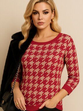 ANN TAYLOR Large Houndstooth Sweater Red Khaki Tan 3/4 Sleeve